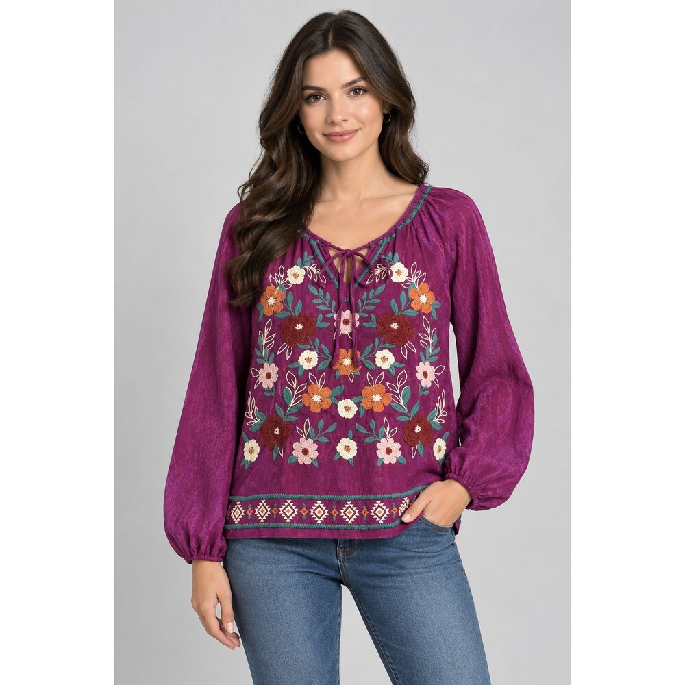 Savanna Jane Embroidered Peasant Top Boho Purple Balloon Sleeve Womens Size L